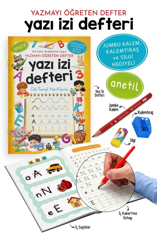 Bigkids Yayınları Yazı İzi Defteri - Yazmayı Öğreten Defter - Jumbo Kalem, Kalemtıraş ve Silgi Hediyeli