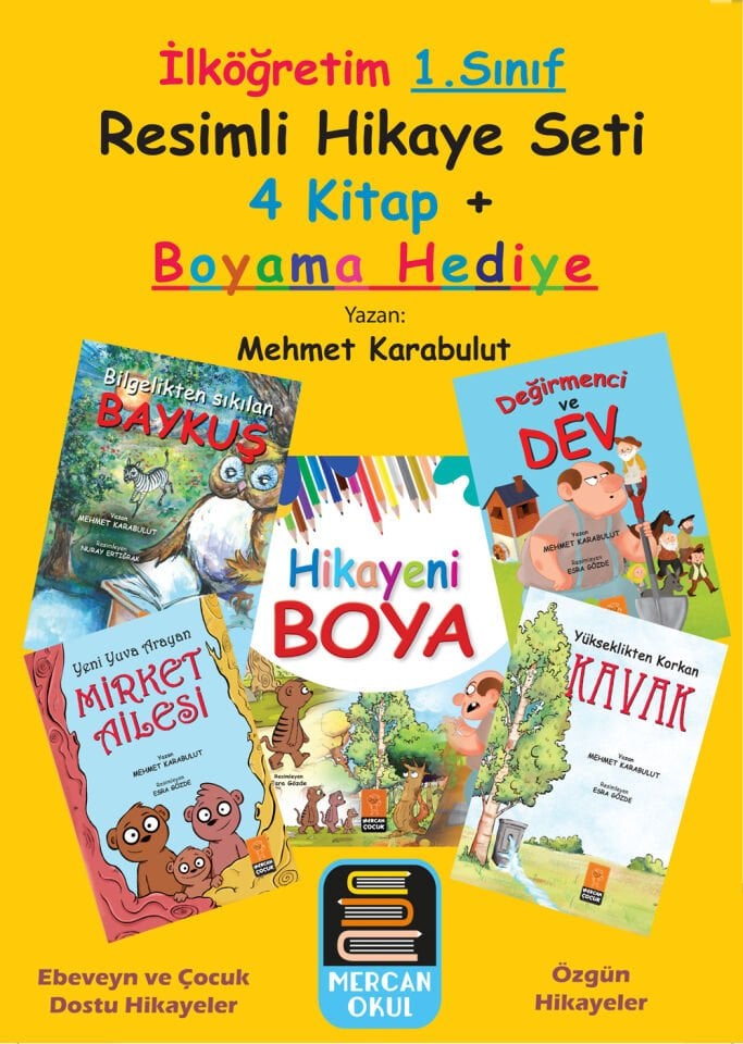 mercan Okul 1.Sınıf Resimli Hikaye Seti 4 Kitap  Boyama Kitabı Hediye