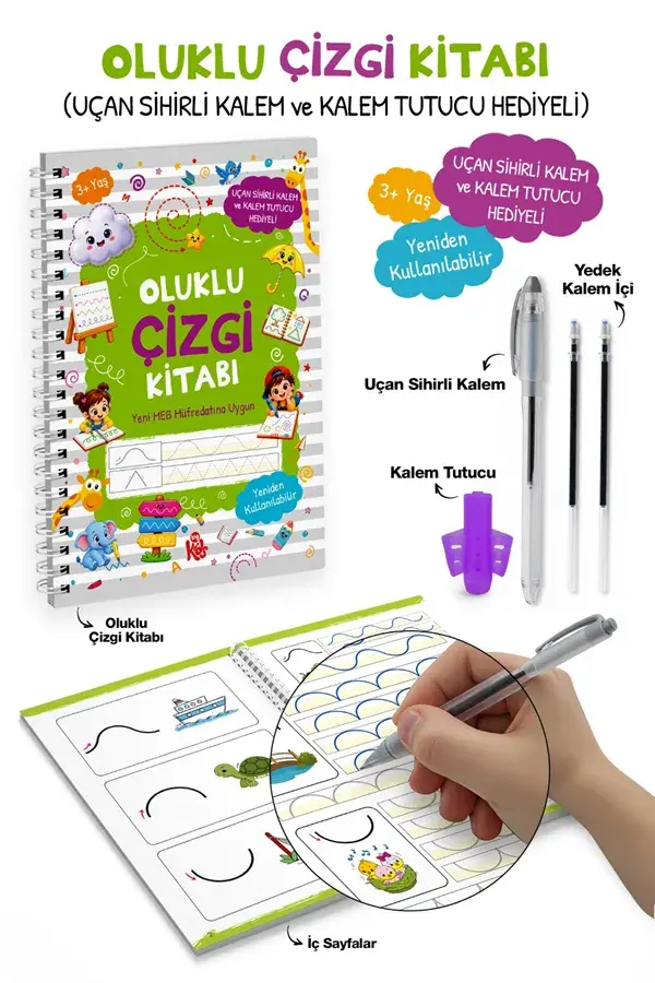 Bigkids Yayınları +3 Yaş Oluklu Çizgi Kitabı Uçan Sihirli Kalem ve Kalem Tutucu Hediyeli