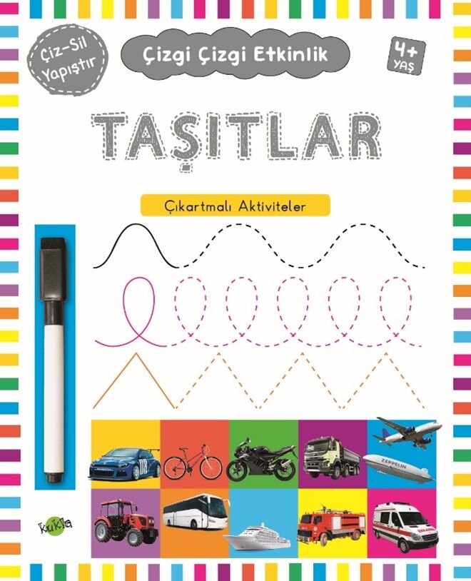 Kukla Çocuk Çizgi Çizgi Etkinlik -Taşıtlar (Çıkartmalı  - Çiz Sil)