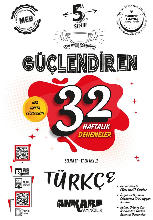 Ankara Yayıncılık 5.Sınıf Güçlendiren 32 Haftalık Türkçe Kazanım Denemeleri