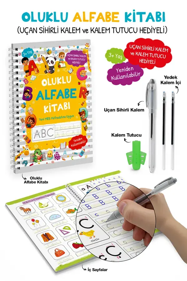 Bigkids Yayınları +3Yaş Oluklu Alfabe Kitabı Uçan Sihirli Kalem ve Kalem Tutucu Hediyeli