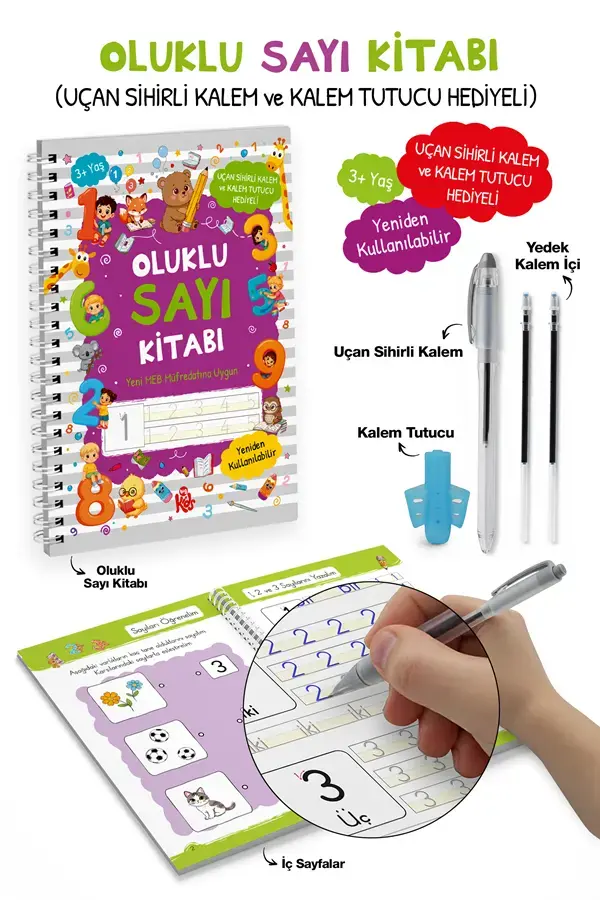 Bigkids Yayınları +3 Yaş Oluklu Sayı Kitabı Uçan Sihirli Kalem ve Kalem Tutucu Hediyeli
