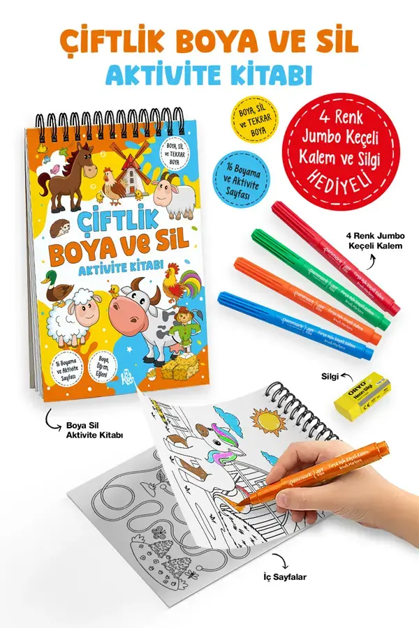 Bigkids Yayınları 3 Yaş+ Çiftlik – Boya ve Sil Aktivite Kitabı