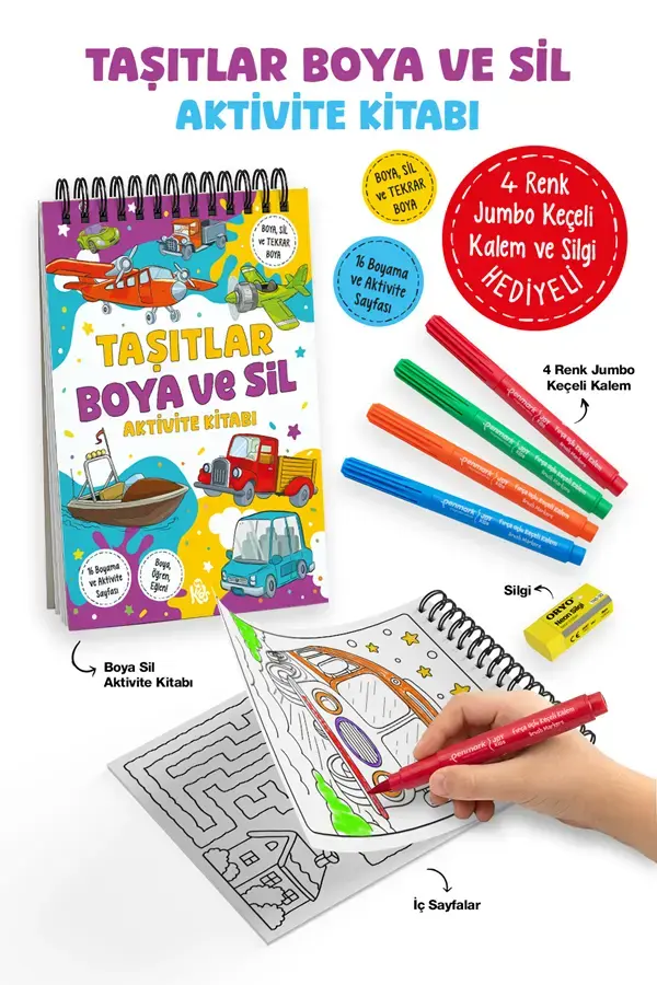 Bigkids Yayınları Taşıtlar – Boya ve Sil Aktivite Kitabı / 3 Yaş +