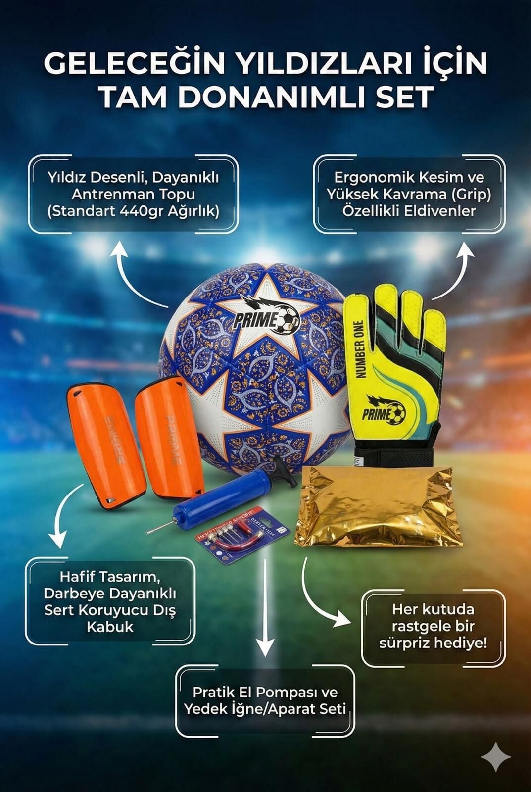 Prıme Sports Futbol Başlangıç Seti (Futbol Topu Kaleci Eldiveni , Pompa ve Tekmelik)